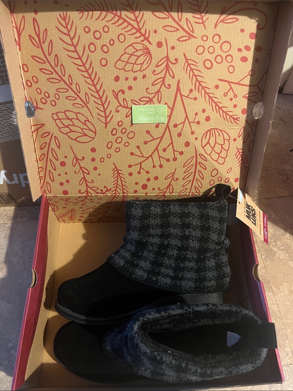 Muk Luks Black and Gray Women's Ankle Boots with Knit Shaft NWT